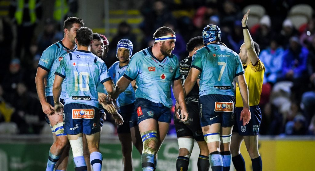 Vodacom Bulls gather against the Dragons during round 12 of the 2022/23 Vodacom United Rugby Championship.
