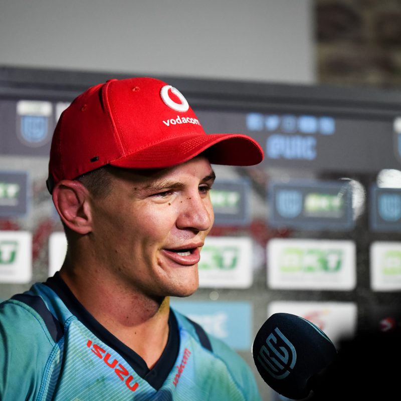 Elrigh Louw of Vodacom Bulls talks to the media after the Dragons vs Vodacom Bulls game (c) URC/INPHO/Andy Watts