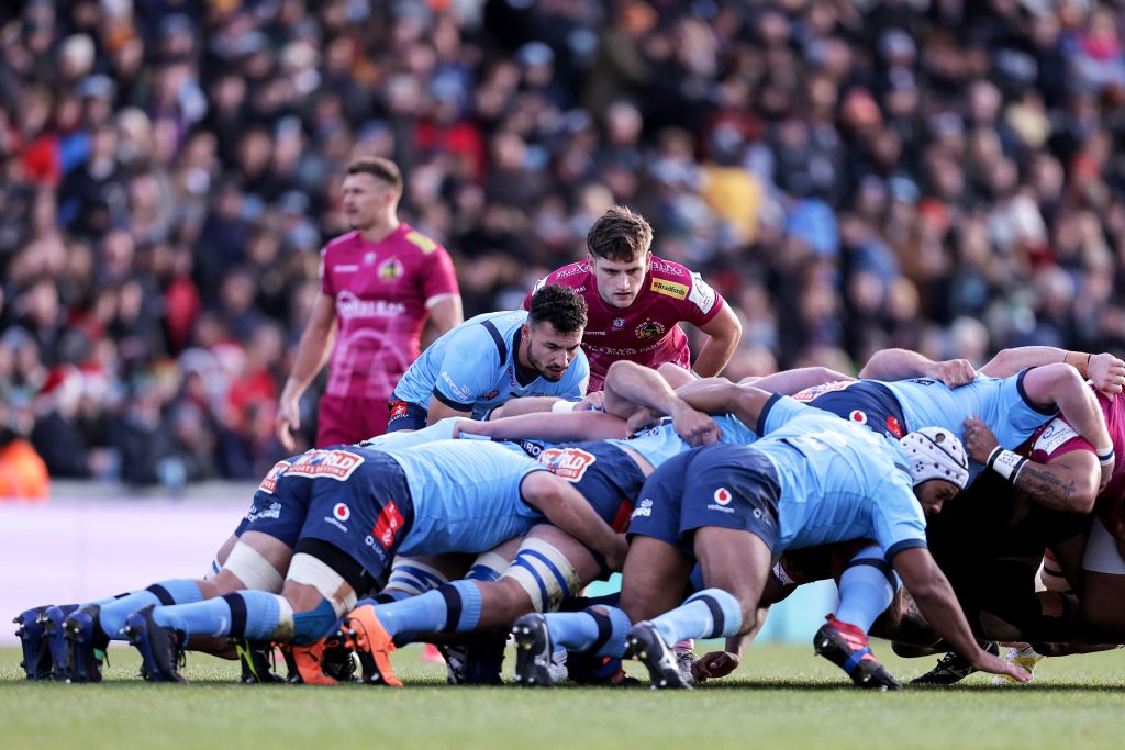 Heineken Champions Cup Round 2 Pool A, Sandy Park, Exeter, England 17/12/2022 Exeter Chiefs vs Vodacom Bulls Vodacom Bulls' Bernard van der Linde and Sam Maunder of the Exeter Chiefs during a scrum Mandatory Credit ©INPHO/Laszlo Geczo