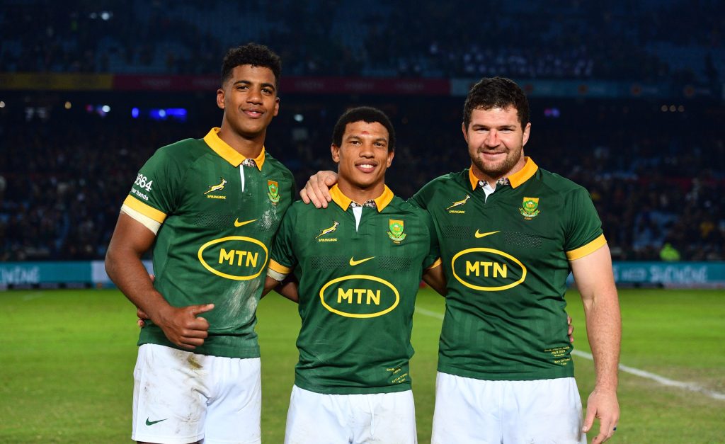 Vodacom Bulls players, Canan Moodie (L), Kurt-Lee Arendse (c) and Marco van Staden (R) after the Springboks vs Wallabies test match at Loftus (c) Vodacom Bulls/Johan Rynners