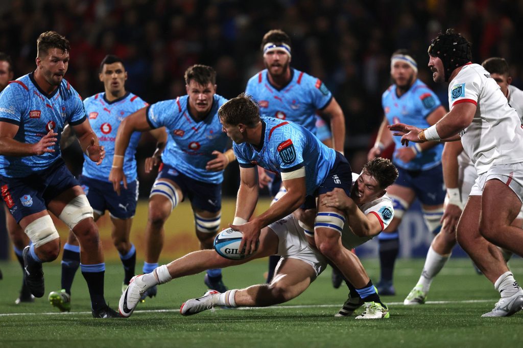 Cameron Hanekom is tackled by Jude Postlethwaite in a match against Ulster in Belfast © URC/INPHO/Bryan Keane