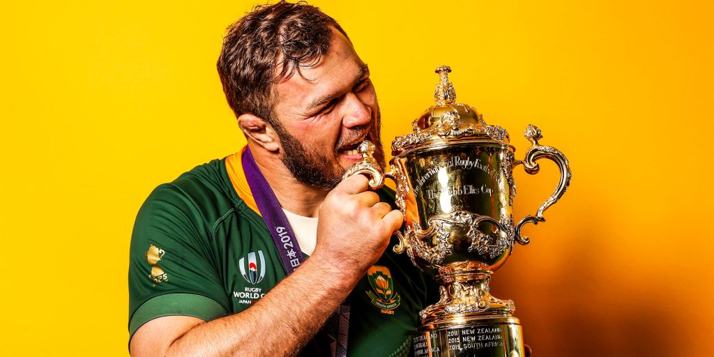 Duane Vermeulen of South Africa poses for a portrait with the Web Ellis Cup in Yokohama, Kanagawa, Japan (c) SA Rugby/World Rugby/ via Getty Images